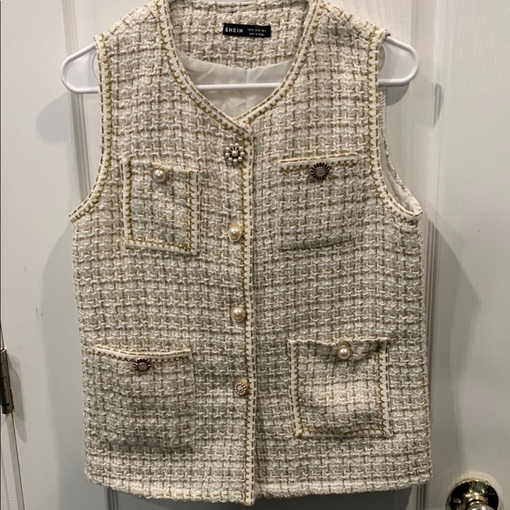 SHEIN Cream & Gold sleeveless Tweed Vest Fully Lined